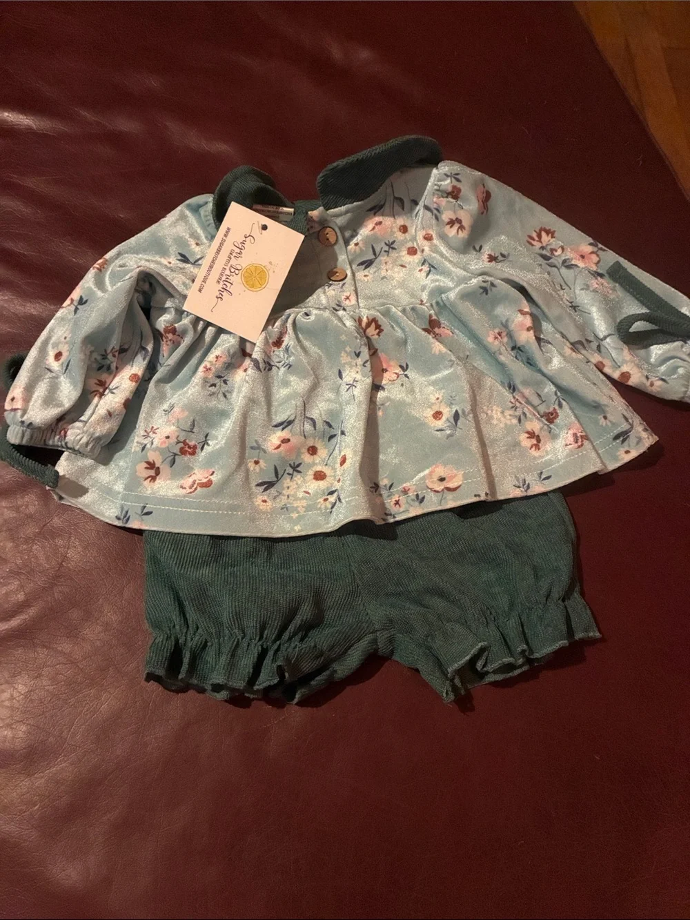 Girls Floral Blue Velvet Matching Set with Green Trim